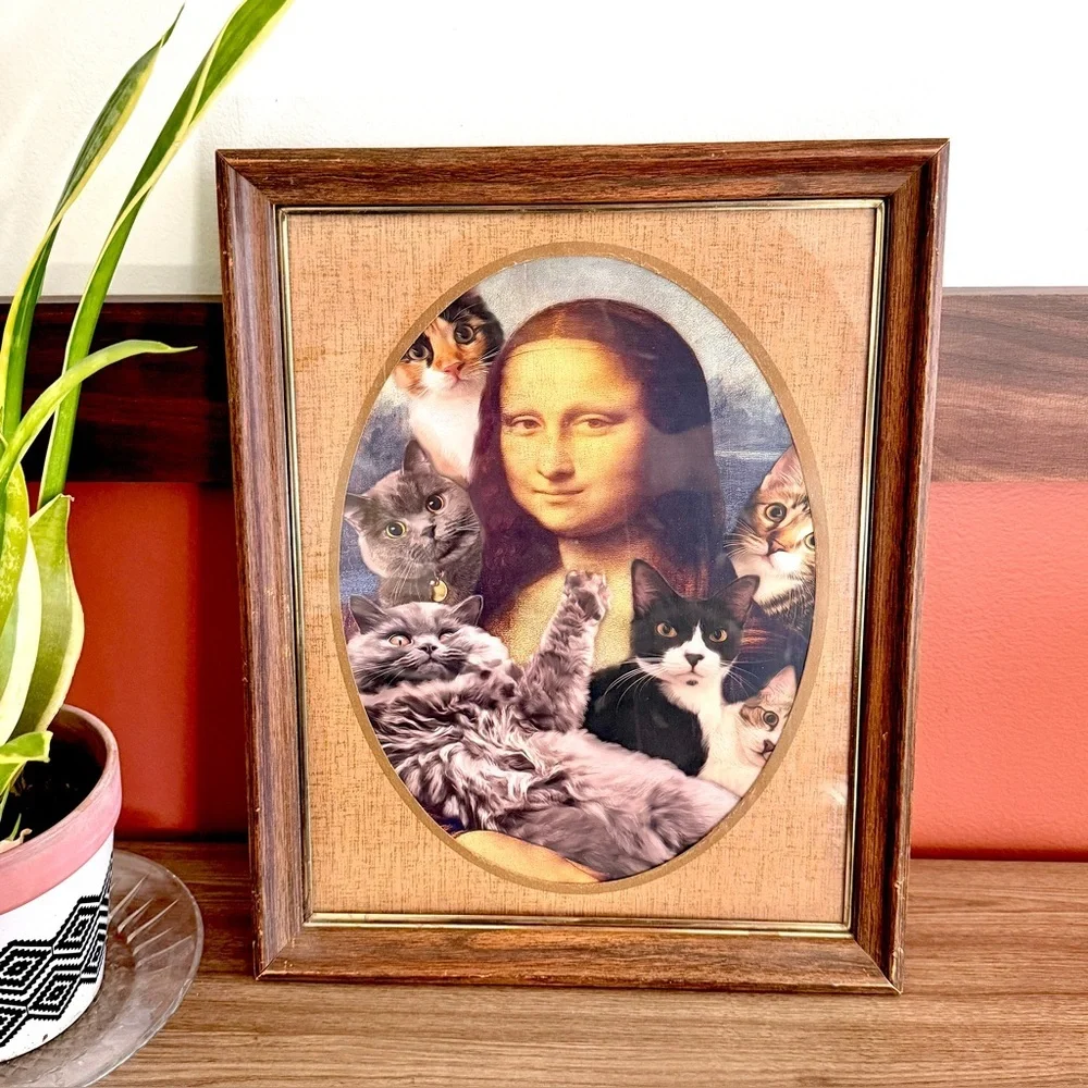 Mona Lisa & Her Cats Vintage Wood Framed Wall Art Silly Canvas Print Kitty Cat